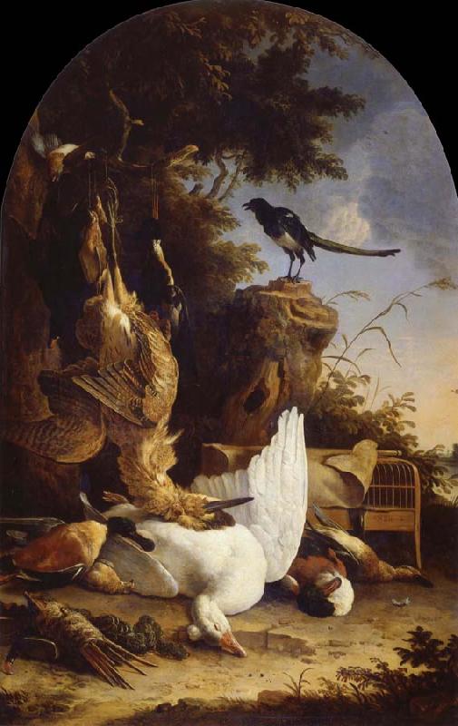 REMBRANDT Harmenszoon van Rijn A hunter-s Bag near a tree stump with a magpie,known as the contemplative Magpie